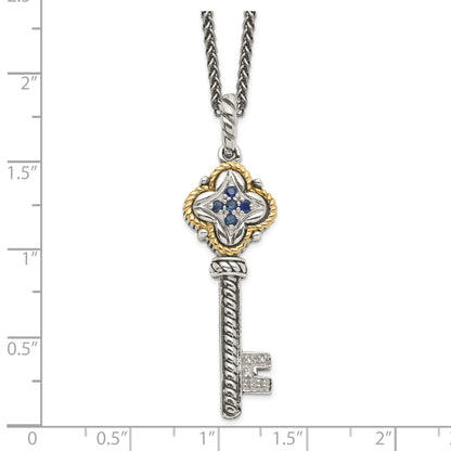 14K/Silver Two Tone Shey Couture Sterling Silver With 14K Accent 18 Inch Antiqued Sapphire And Diamond Key Necklace