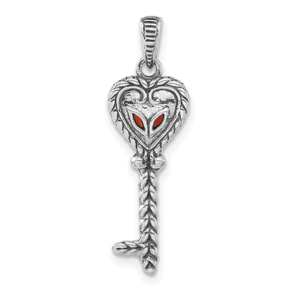 14K/Silver Two Tone Sterling Silver 14K Accent Polished & Antiqued Garnet Key Pendant