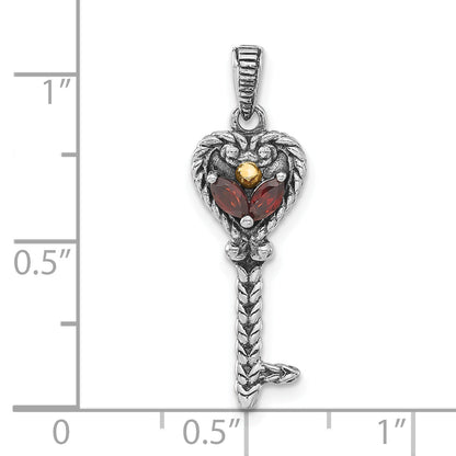 14K/Silver Two Tone Sterling Silver 14K Accent Polished & Antiqued Garnet Key Pendant