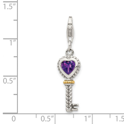 14K/Silver Two Tone Shey Couture Sterling Silver With 14K Accent Antiqued Heart Amethyst Key Lobster Clasp Charm
