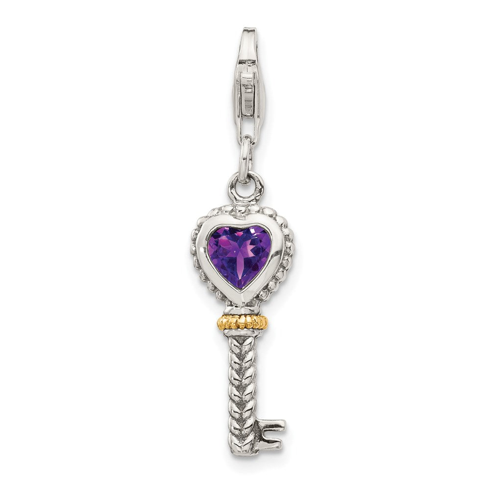 14K/Silver Two Tone Shey Couture Sterling Silver With 14K Accent Antiqued Heart Amethyst Key Lobster Clasp Charm