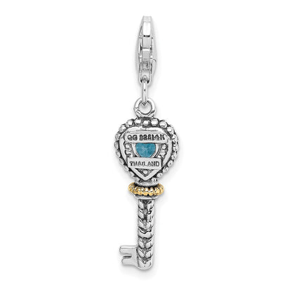 14K/Silver Two Tone Shey Couture Sterling Silver With 14K Accent Antiqued Heart Bezel Blue Topaz Antique Key Lobster Clasp Charm
