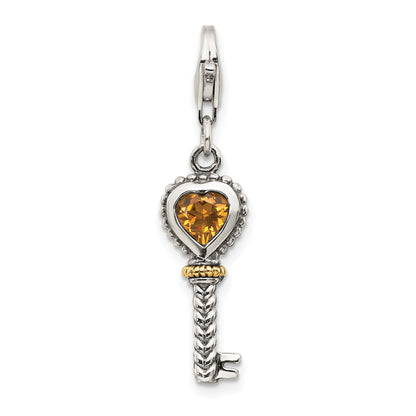 14K/Silver Two Tone Shey Couture Sterling Silver With 14K Accent Antiqued Heart Citrine Key Lobster Clasp Charm