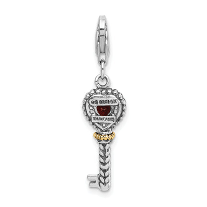 14K/Silver Two Tone Shey Couture Sterling Silver With 14K Accent Antiqued Garnet Key Lobster Clasp Charm