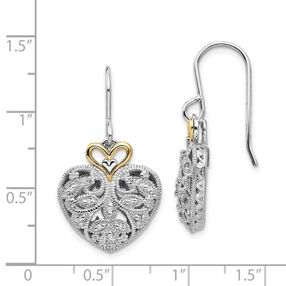 14K/Silver Two Tone Shey Couture Sterling Silver Rhodium Plated With 14K Accent Diamond Shepherd Hook Dangle Vintage Heart Earrings