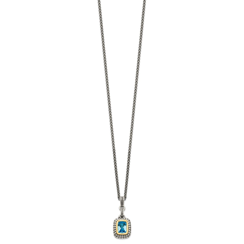 14K/Silver Two Tone Shey Couture Sterling Silver With 14K Accent 18 Inch Antiqued Cushion Bezel Swiss Blue Topaz Necklace