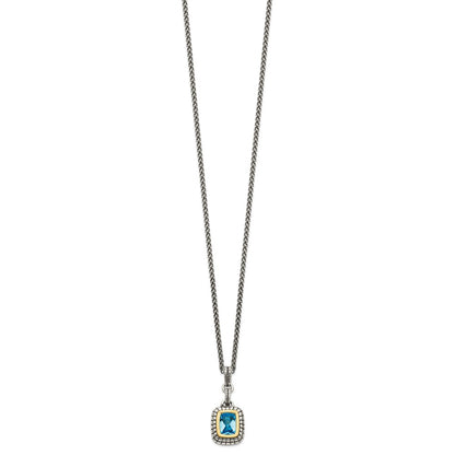 14K/Silver Two Tone Shey Couture Sterling Silver With 14K Accent 18 Inch Antiqued Cushion Bezel Swiss Blue Topaz Necklace