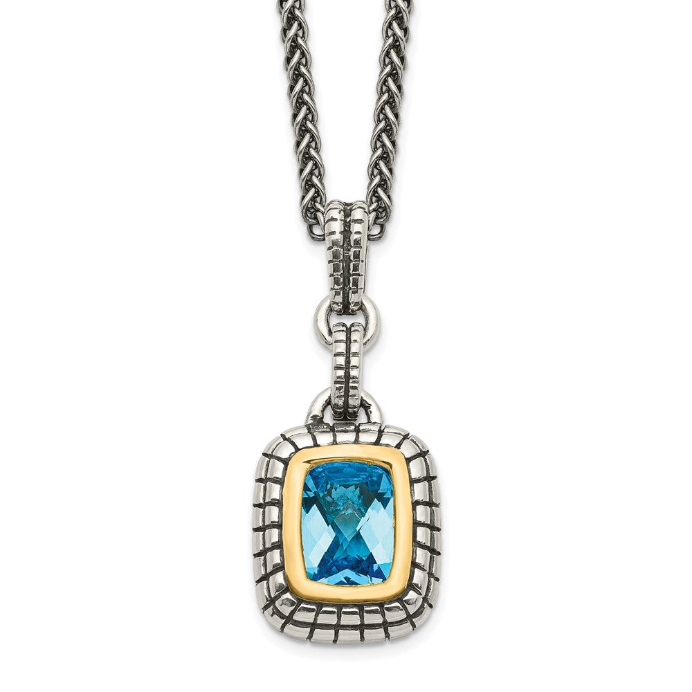 14K/Silver Two Tone Shey Couture Sterling Silver With 14K Accent 18 Inch Antiqued Cushion Bezel Swiss Blue Topaz Necklace