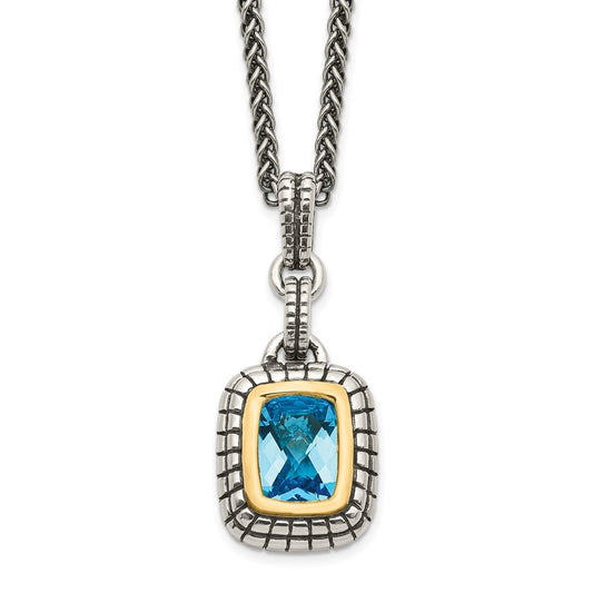14K/Silver Two Tone Shey Couture Sterling Silver With 14K Accent 18 Inch Antiqued Cushion Bezel Swiss Blue Topaz Necklace
