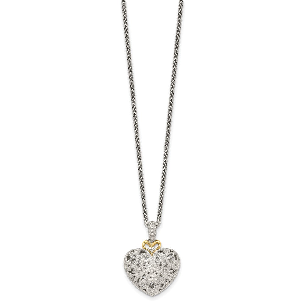 14K/Silver Two Tone Shey Couture Sterling Silver Antiqued With 14K Accent 18 Inch Diamond Vintage Heart Necklace