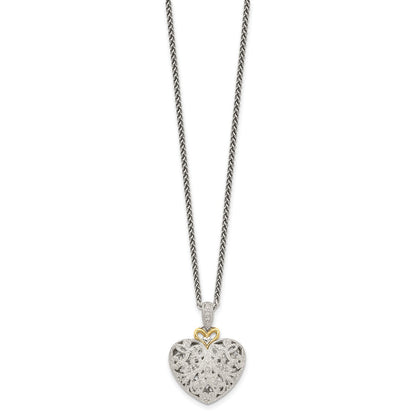 14K/Silver Two Tone Shey Couture Sterling Silver Antiqued With 14K Accent 18 Inch Diamond Vintage Heart Necklace