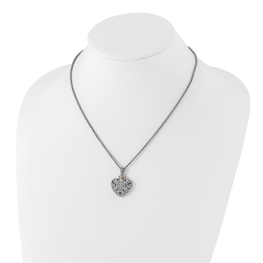 14K/Silver Two Tone Shey Couture Sterling Silver Antiqued With 14K Accent 18 Inch Diamond Vintage Heart Necklace