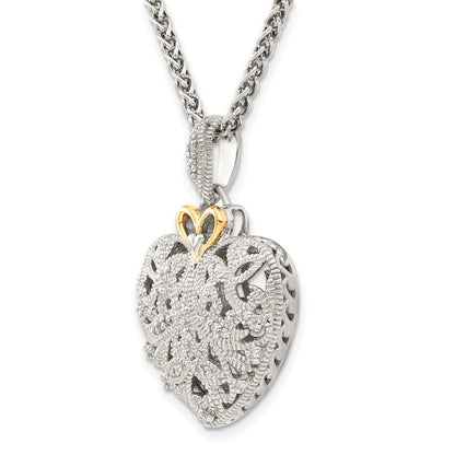 14K/Silver Two Tone Shey Couture Sterling Silver Antiqued With 14K Accent 18 Inch Diamond Vintage Heart Necklace