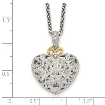 14K/Silver Two Tone Shey Couture Sterling Silver Antiqued With 14K Accent 18 Inch Diamond Vintage Heart Necklace