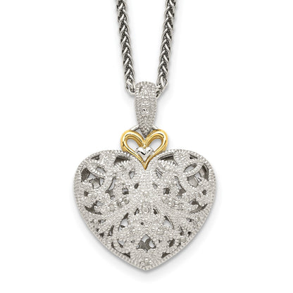 14K/Silver Two Tone Shey Couture Sterling Silver Antiqued With 14K Accent 18 Inch Diamond Vintage Heart Necklace