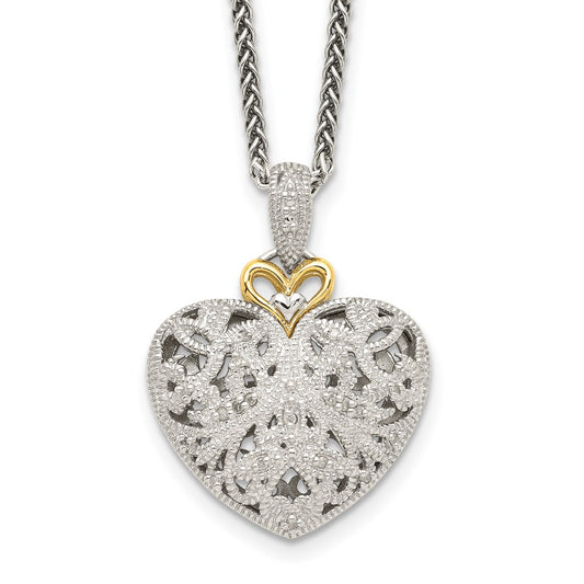 14K/Silver Two Tone Shey Couture Sterling Silver Antiqued With 14K Accent 18 Inch Diamond Vintage Heart Necklace