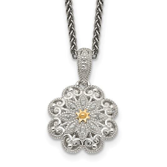 14K/Silver Two Tone Shey Couture Sterling Silver Antiqued With 14K Accent 18 Inch Diamond Vintage Flower Necklace