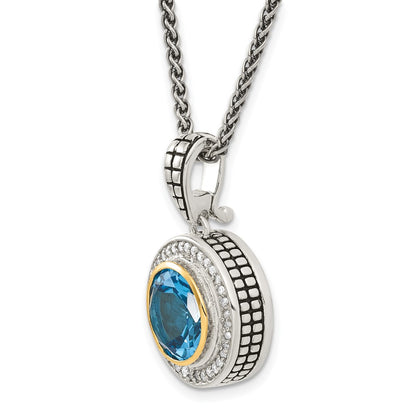 14K/Silver Two Tone Shey Couture Sterling Silver With 14K Accent 18 Inch Antiqued Round Swiss Blue Topaz And Diamond Necklace