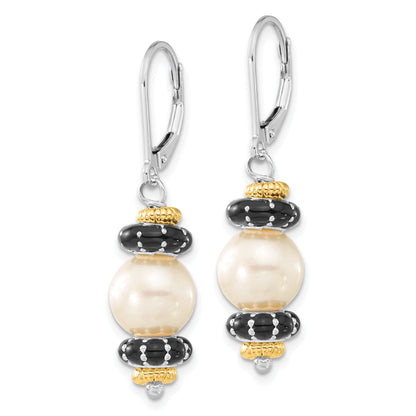 14K/Silver Two Tone Sterling Silver 14K Accent Polished Black Enamel & Freshwater Cultured Pearl Leverback Dangle Earrings