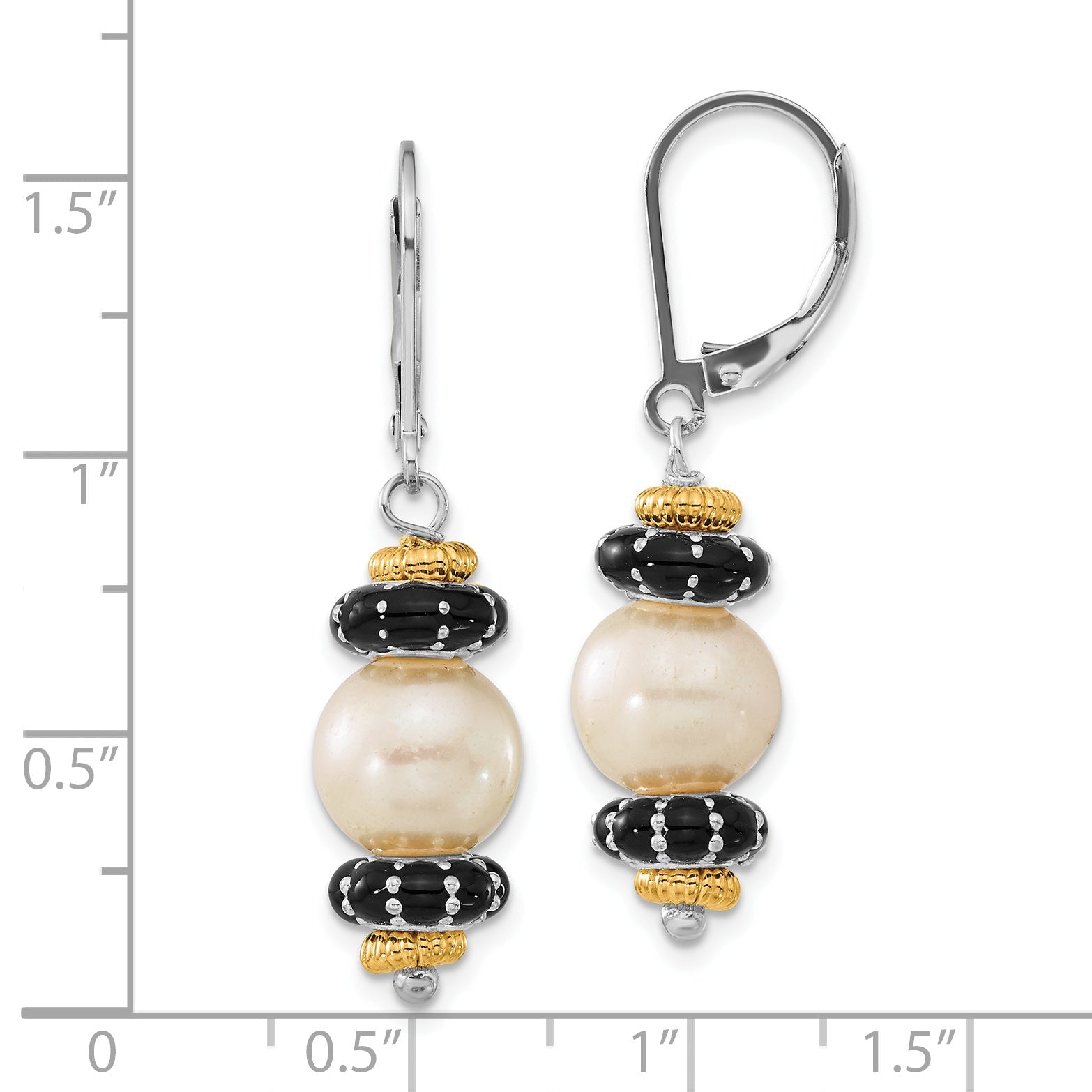 14K/Silver Two Tone Sterling Silver 14K Accent Polished Black Enamel & Freshwater Cultured Pearl Leverback Dangle Earrings