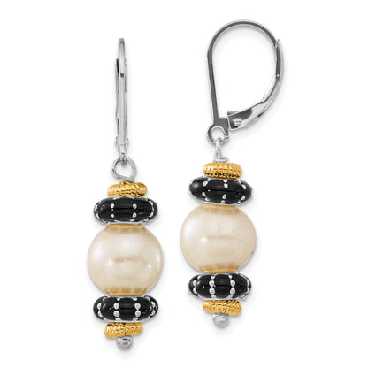 14K/Silver Two Tone Sterling Silver 14K Accent Polished Black Enamel & Freshwater Cultured Pearl Leverback Dangle Earrings