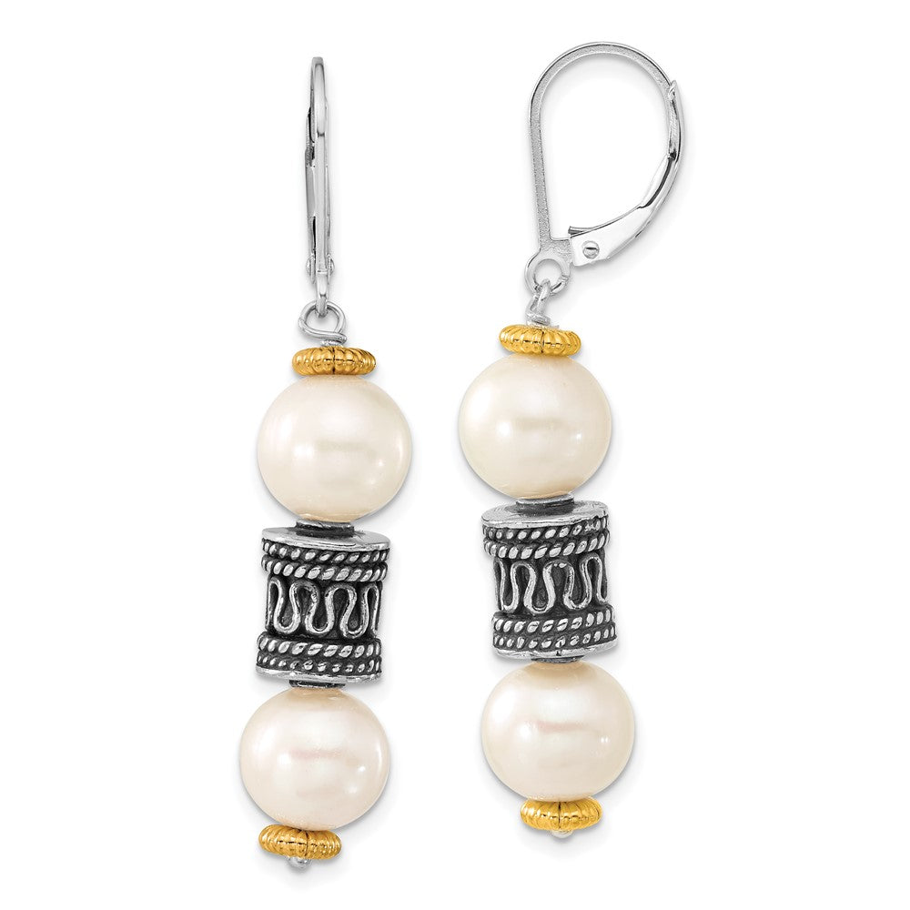14K/Silver Two Tone Sterling Silver 14Ky Accent Polished & Antiqued Freshwater Cultured Pearl Barrel Leverback Dangle Earrings
