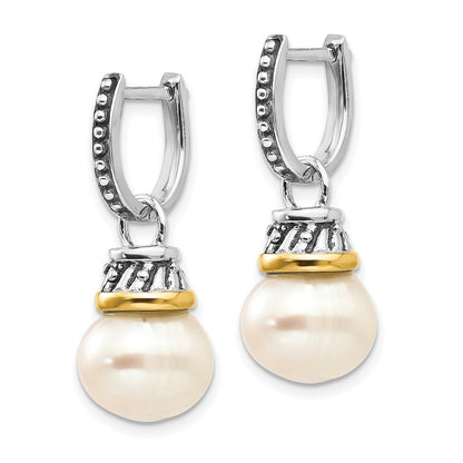 14K/Silver Two Tone Shey Couture Sterling Silver With 14K Accent Antiqued 10mm Freshwater Cultured Pearl Hinged Hoop Dangle Earrings