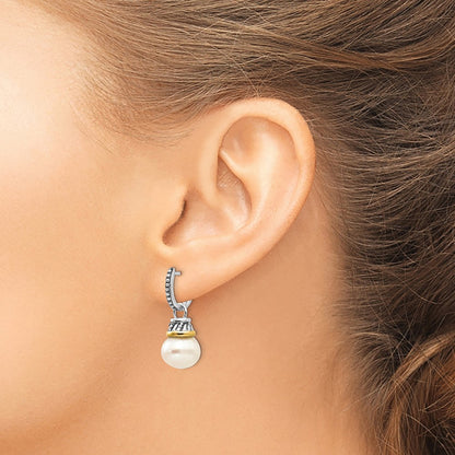 14K/Silver Two Tone Shey Couture Sterling Silver With 14K Accent Antiqued 10mm Freshwater Cultured Pearl Hinged Hoop Dangle Earrings
