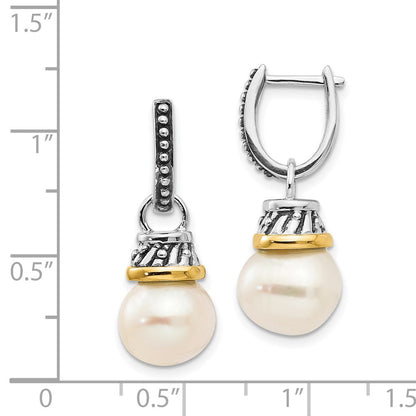 14K/Silver Two Tone Shey Couture Sterling Silver With 14K Accent Antiqued 10mm Freshwater Cultured Pearl Hinged Hoop Dangle Earrings
