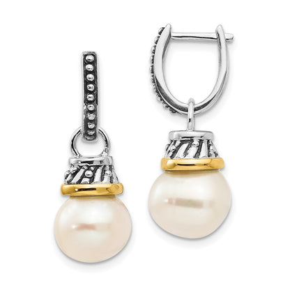 14K/Silver Two Tone Shey Couture Sterling Silver With 14K Accent Antiqued 10mm Freshwater Cultured Pearl Hinged Hoop Dangle Earrings