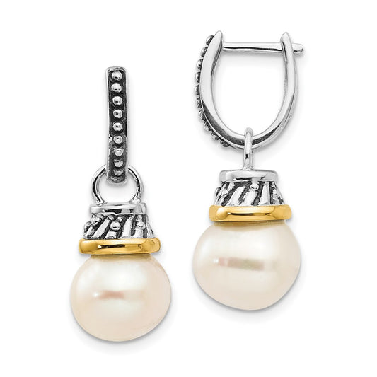 14K/Silver Two Tone Shey Couture Sterling Silver With 14K Accent Antiqued 10mm Freshwater Cultured Pearl Hinged Hoop Dangle Earrings