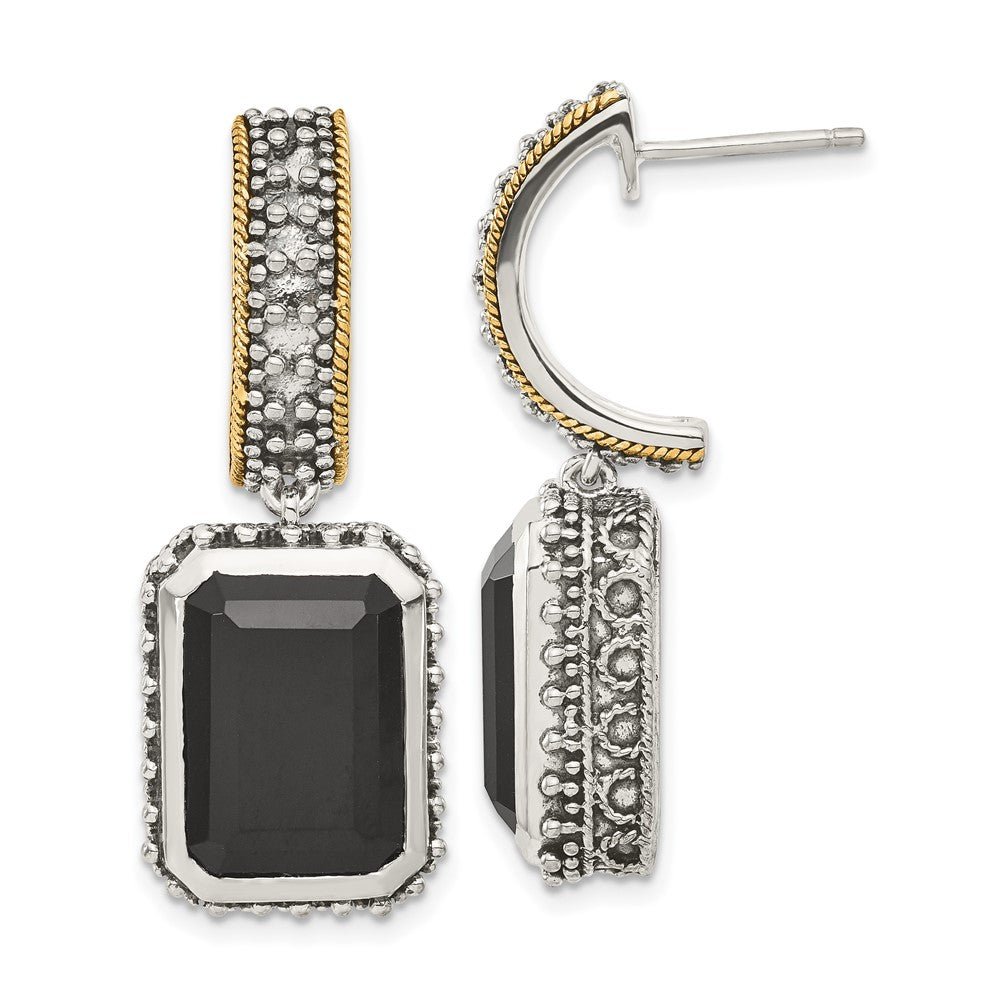 14K/Silver Two Tone Sterling Silver W/ 14K Accent Antiqued Black Onyx Earrings