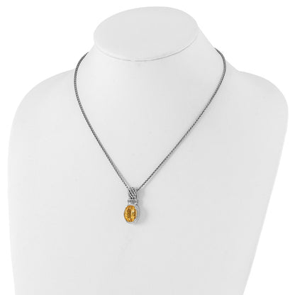 Sterling Silver Polished & Antiqued Oval Citrine Necklace
