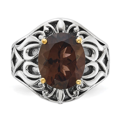 14K/Silver Two Tone Sterling Silver 14K Accent Antiqued Smoky Quartz Ring