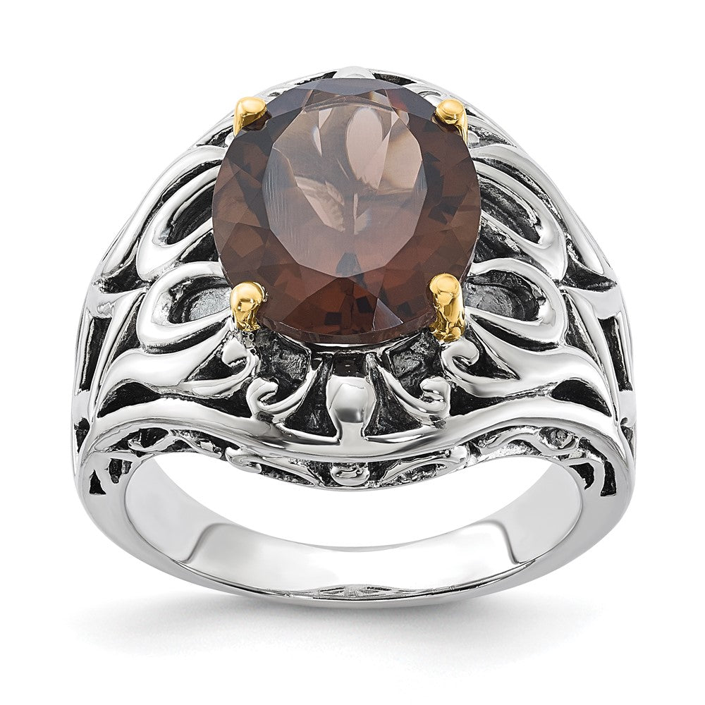 14K/Silver Two Tone Sterling Silver 14K Accent Antiqued Smoky Quartz Ring