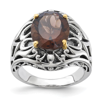 14K/Silver Two Tone Sterling Silver 14K Accent Antiqued Smoky Quartz Ring