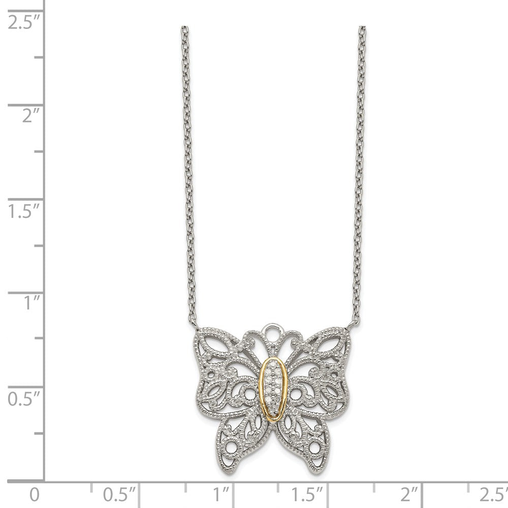 14K/Silver Two Tone Shey Couture Sterling Silver Rhodium Plated With 14K Accent 18 Inch Diamond Butterfly Necklace