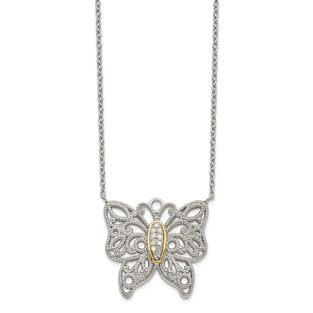 14K/Silver Two Tone Shey Couture Sterling Silver Rhodium Plated With 14K Accent 18 Inch Diamond Butterfly Necklace