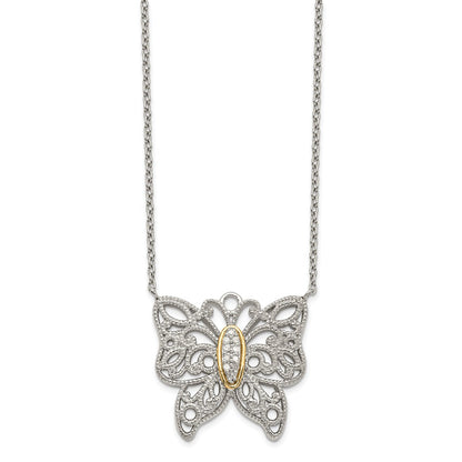 14K/Silver Two Tone Shey Couture Sterling Silver Rhodium Plated With 14K Accent 18 Inch Diamond Butterfly Necklace