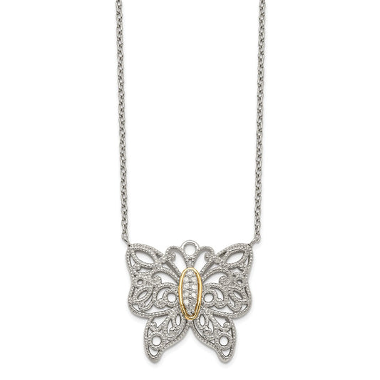 14K/Silver Two Tone Shey Couture Sterling Silver Rhodium Plated With 14K Accent 18 Inch Diamond Butterfly Necklace