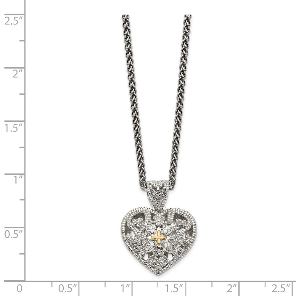14K/Silver Two Tone Shey Couture Sterling Silver Antiqued With 14K Accent 18 Inch Diamond Vintage Heart Necklace