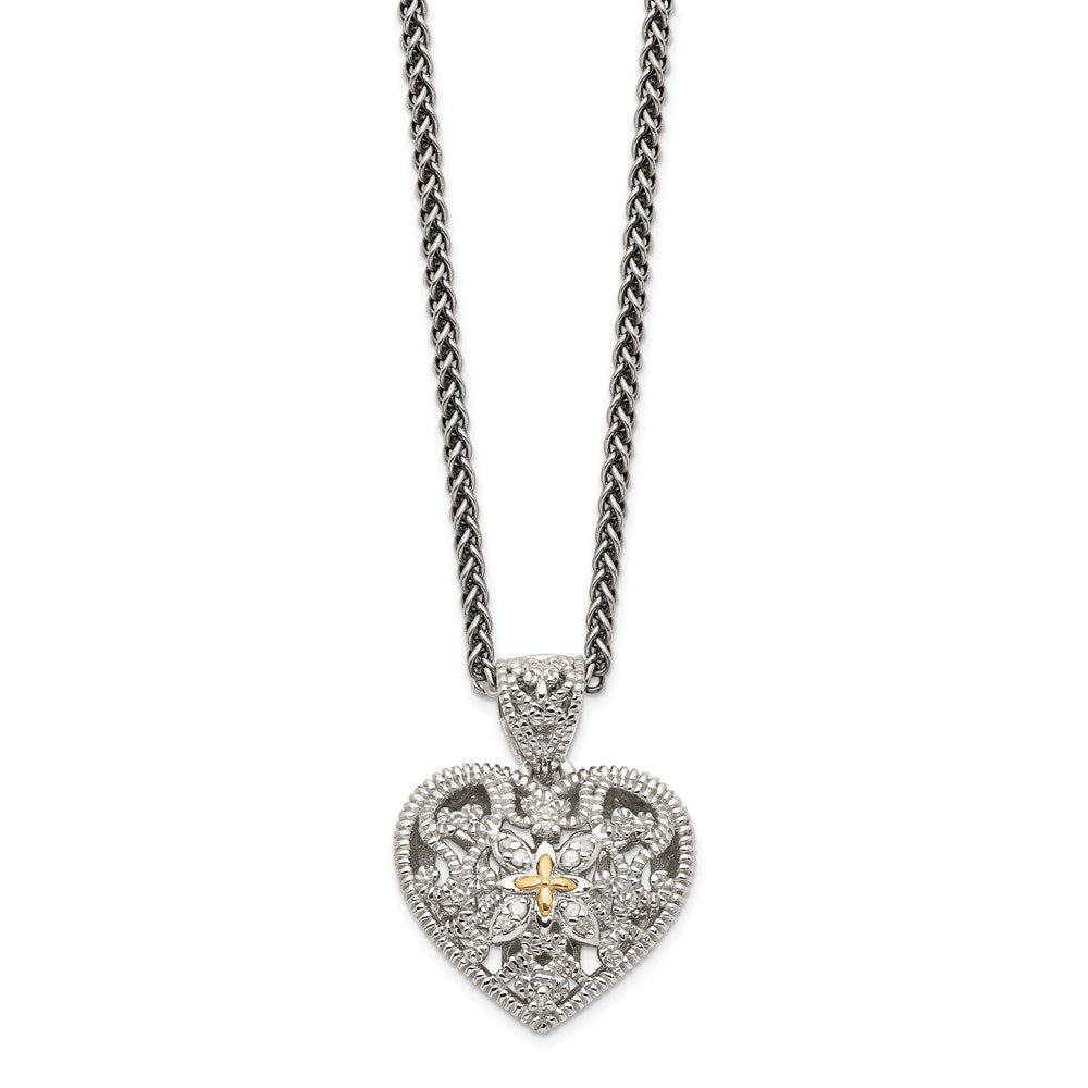 14K/Silver Two Tone Shey Couture Sterling Silver Antiqued With 14K Accent 18 Inch Diamond Vintage Heart Necklace