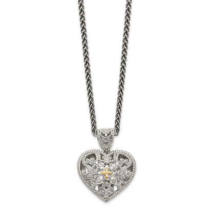 14K/Silver Two Tone Shey Couture Sterling Silver Antiqued With 14K Accent 18 Inch Diamond Vintage Heart Necklace