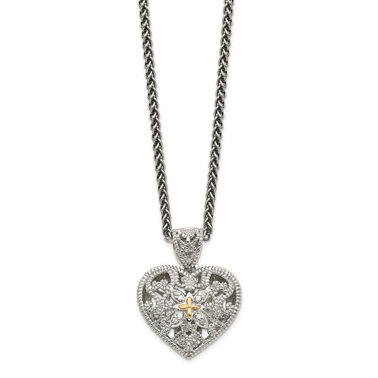 14K/Silver Two Tone Shey Couture Sterling Silver Antiqued With 14K Accent 18 Inch Diamond Vintage Heart Necklace