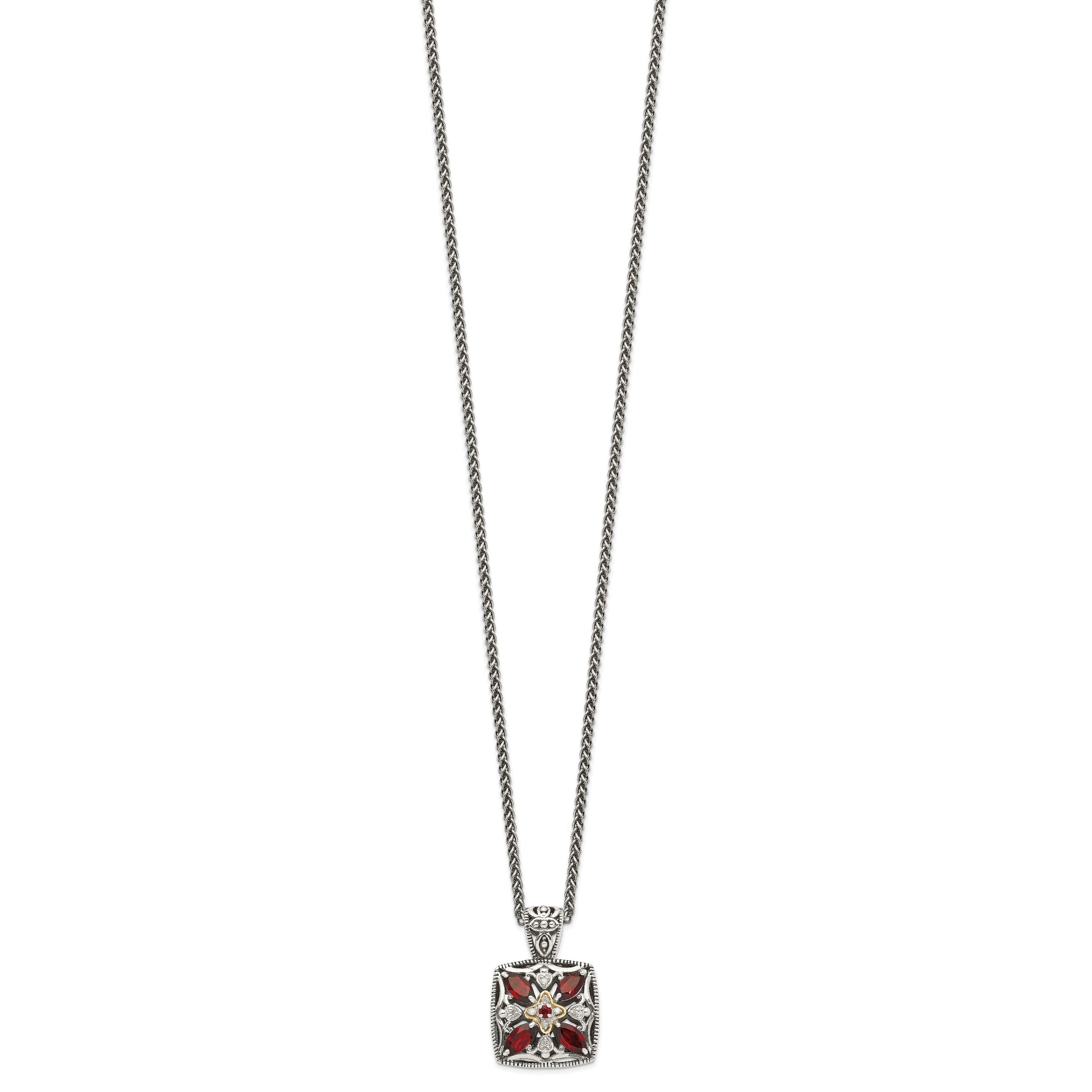 14K/Silver Two Tone Shey Couture Sterling Silver With 14K Accent 18 Inch Antiqued Diamond And Marquise Garnet Necklace