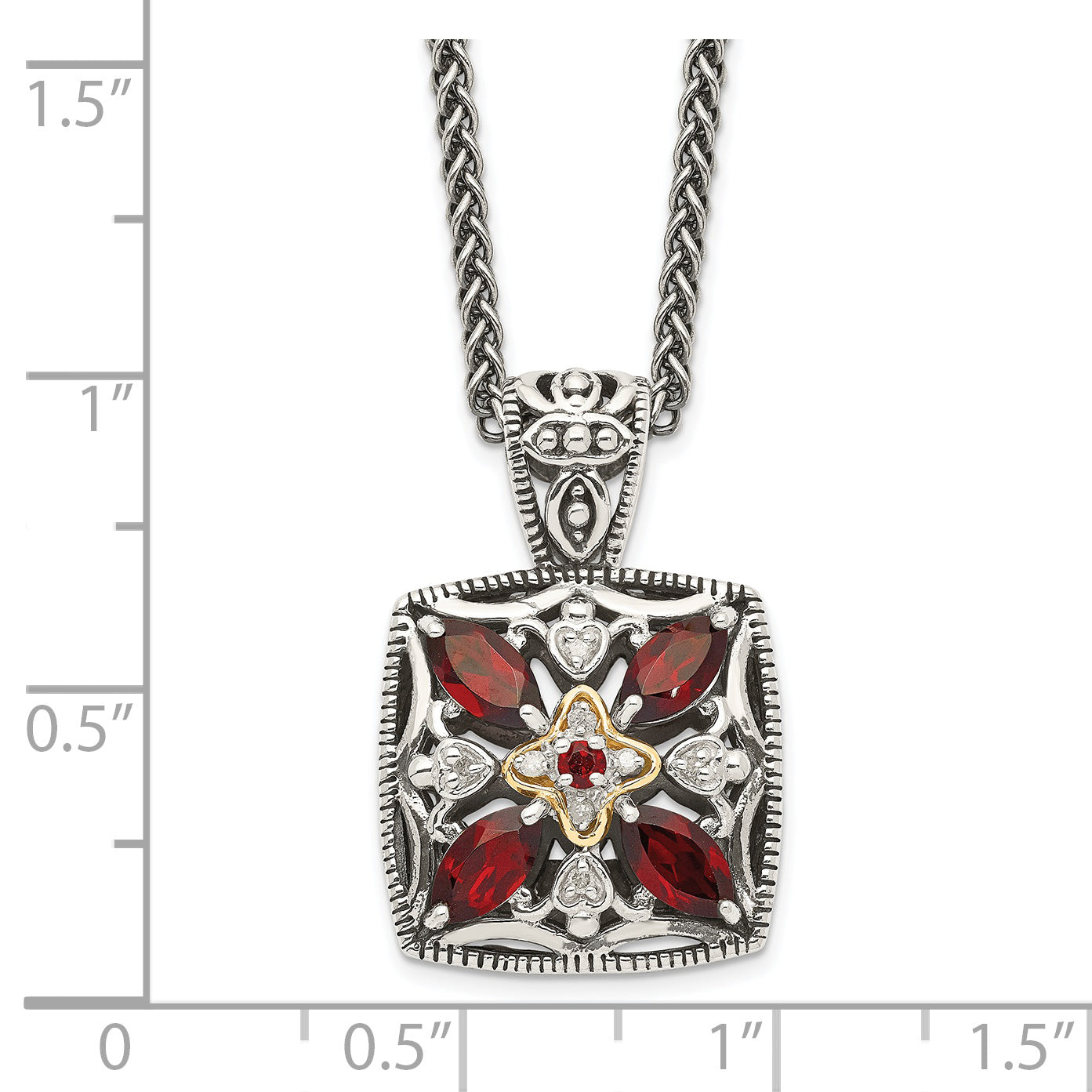 14K/Silver Two Tone Shey Couture Sterling Silver With 14K Accent 18 Inch Antiqued Diamond And Marquise Garnet Necklace