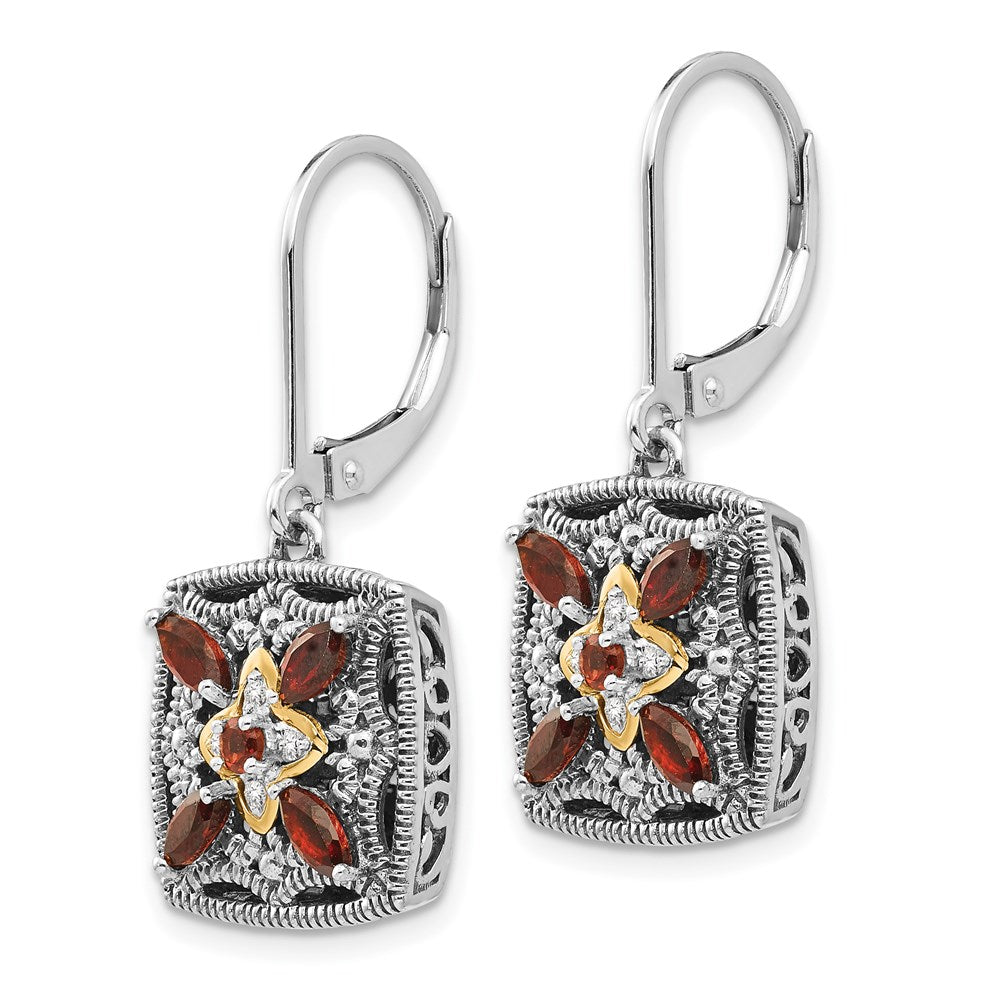 14K/Silver Two Tone Shey Couture Sterling Silver With 14K Accent Antiqued Diamond And Marquise Garnet Leverback Earrings