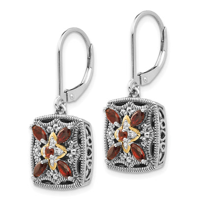 14K/Silver Two Tone Shey Couture Sterling Silver With 14K Accent Antiqued Diamond And Marquise Garnet Leverback Earrings
