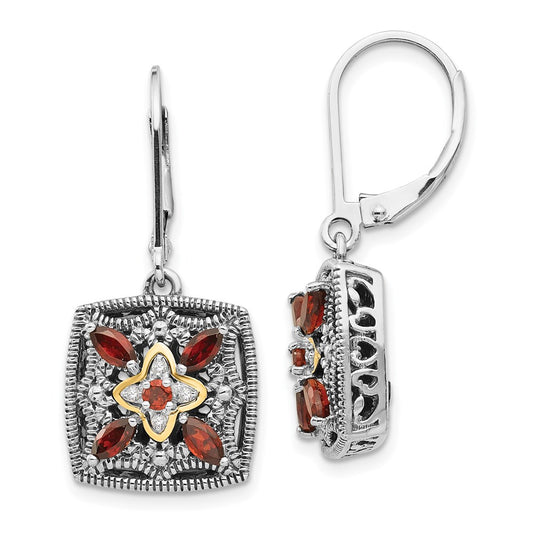 14K/Silver Two Tone Shey Couture Sterling Silver With 14K Accent Antiqued Diamond And Marquise Garnet Leverback Earrings