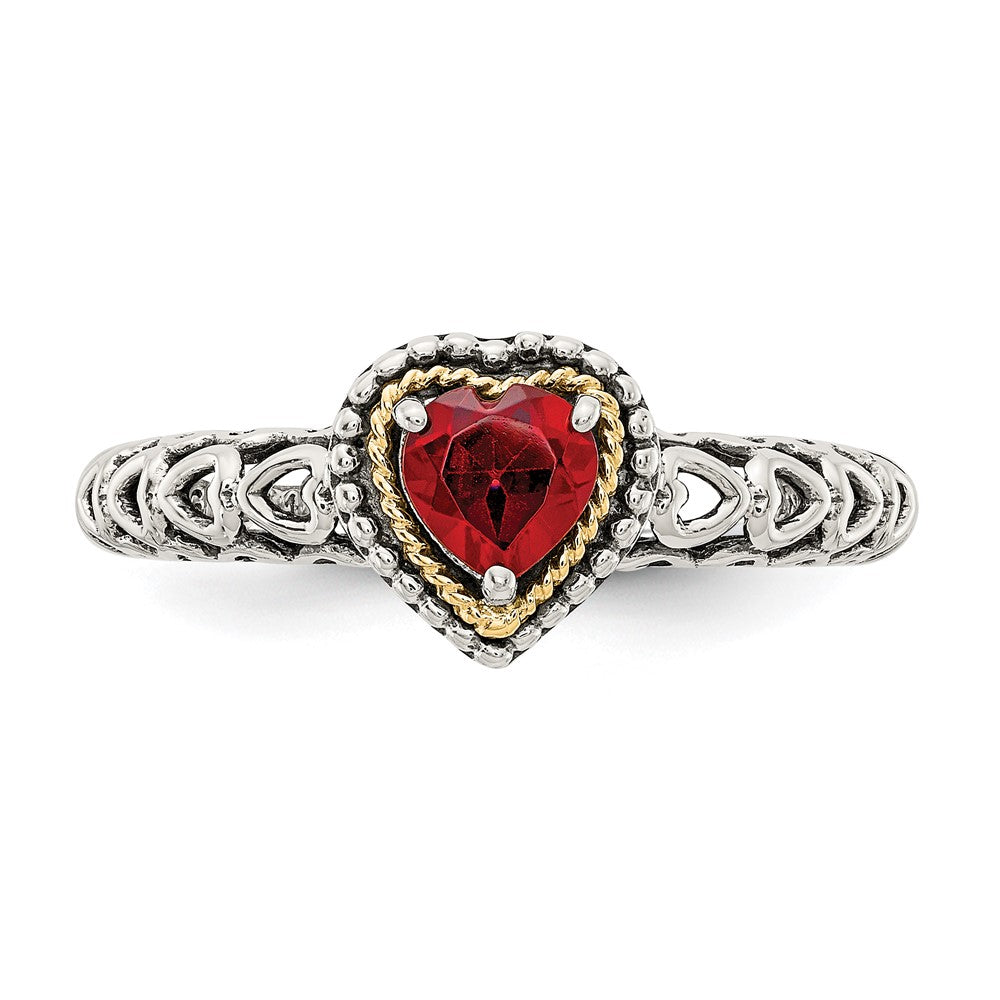 14K/Silver Two Tone Shey Couture Sterling Silver With 14K Accent Antiqued Heart Garnet Ring